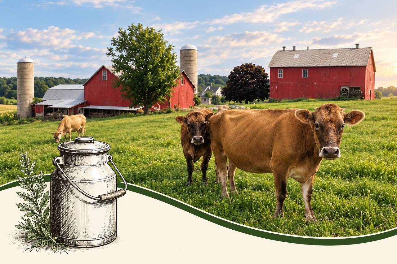 Jersey cows grazing on summer pasture in front of a red bank barn and two silos, with an antique milk can drawn at the edge of the field.
