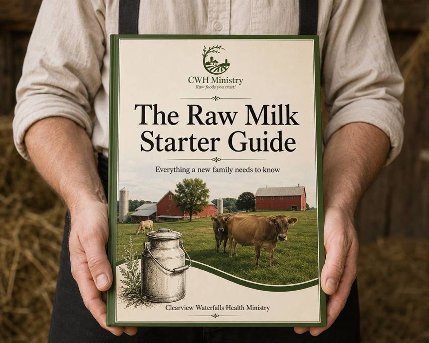A farmer in a barn holding a printed copy of The Raw Milk Starter Guide.