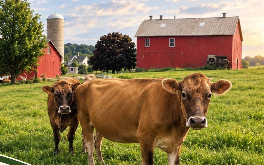 A red bank barn and silos across a summer pasture at golden hour.