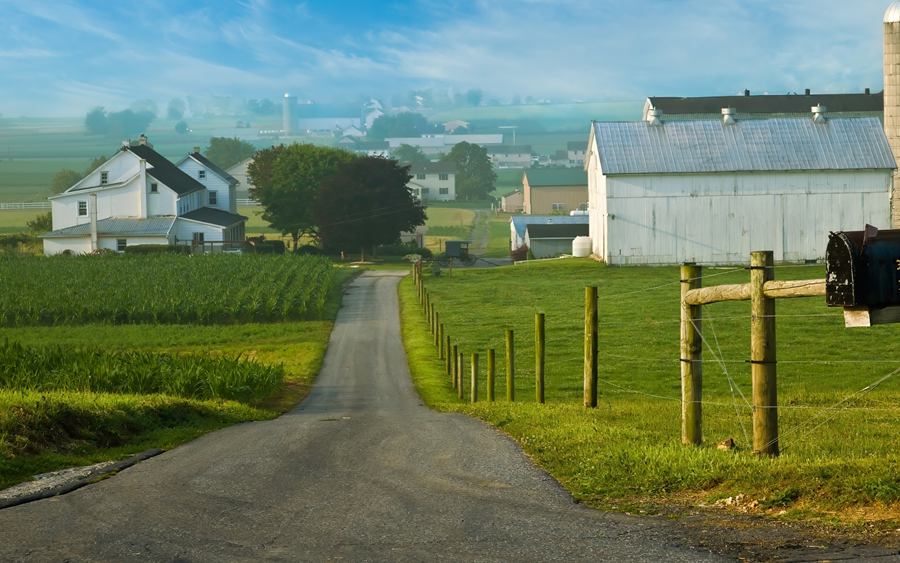 A working dairy farm at sunrise — barn, silos, and pasture along a country lane.